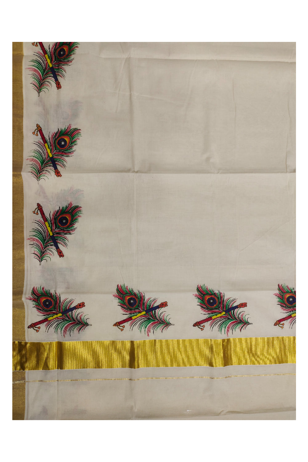 Kerala Kasavu Onam Saree With Mural Printed Peacock Feather and Flute Design