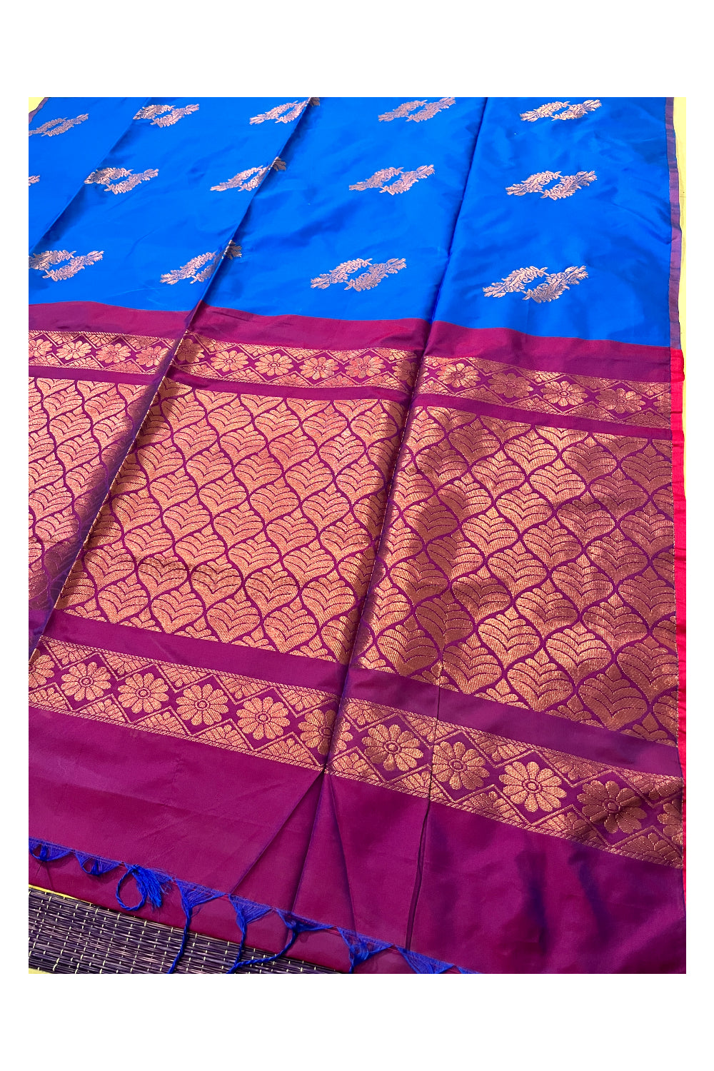 Southloom Soft Silk Blue Saree with Magenta Border and Copper Zari Woven Works