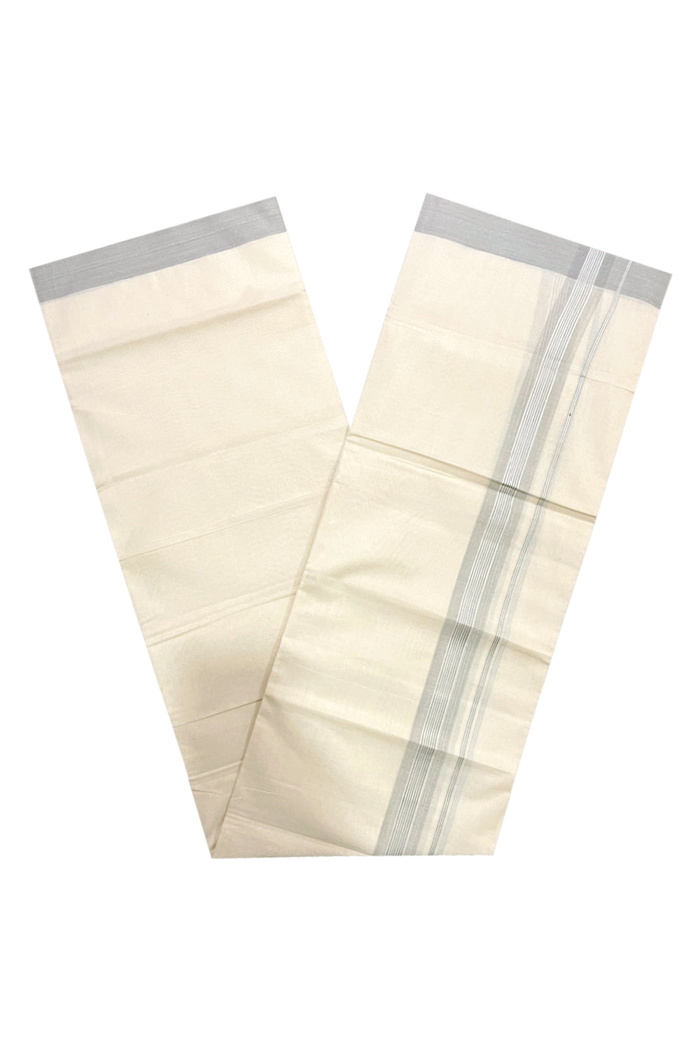 Pure Cotton Off White Double Mundu with Light Grey Kara (South Indian Dhoti)