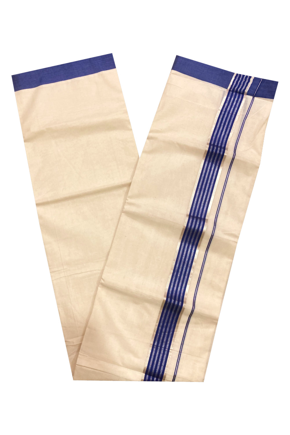 Off White Kerala Double Mundu with Blue and Silver Kasavu Lines Border (South Indian Dhoti)