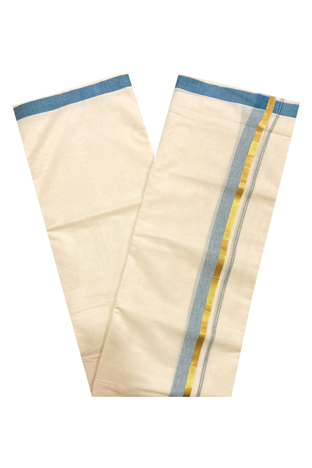 Pure Cotton Off White Double Mundu with Blue and Kasavu Border (South Indian Dhoti)