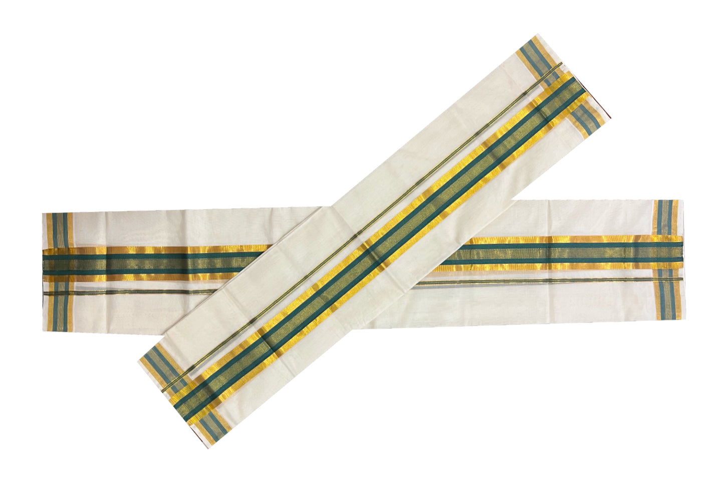 Southloom Premium Handloom Set Mundu with Kasavu and Green Border