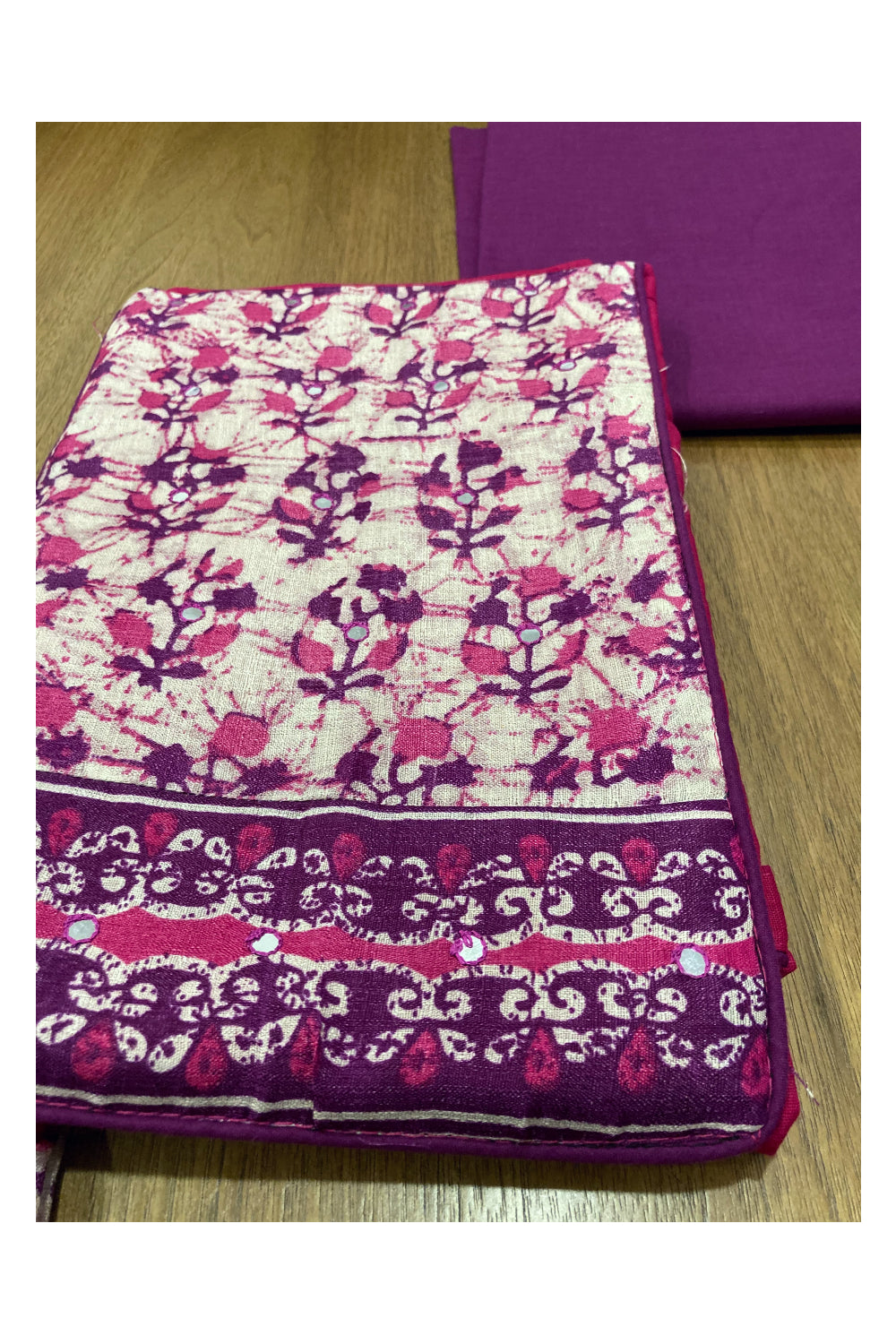 Southloom™ Cotton Churidar Salwar Suit Material in Magenta and Printed Mirror Work on Yoke Portion