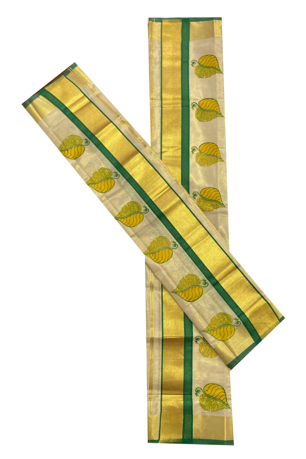 Tissue Set Mundu with Hand Block Printed Green and Yellow Leaf Design