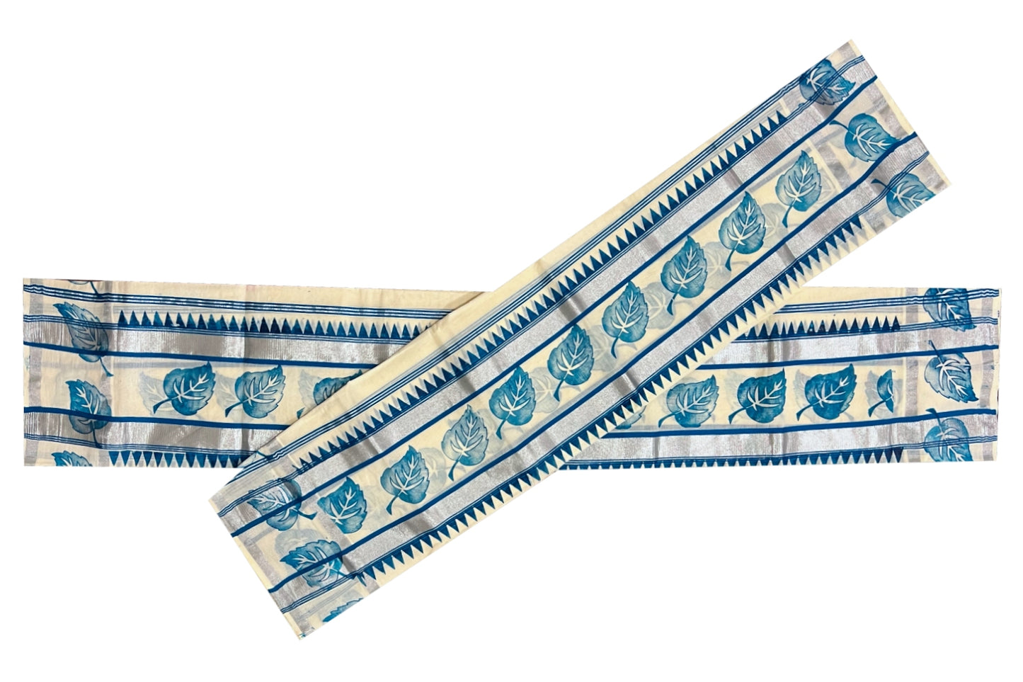 Kerala Cotton Silver Kasavu Set Mundu (Mundum Neriyathum) with Blue Leaf Block Print Heavy Border