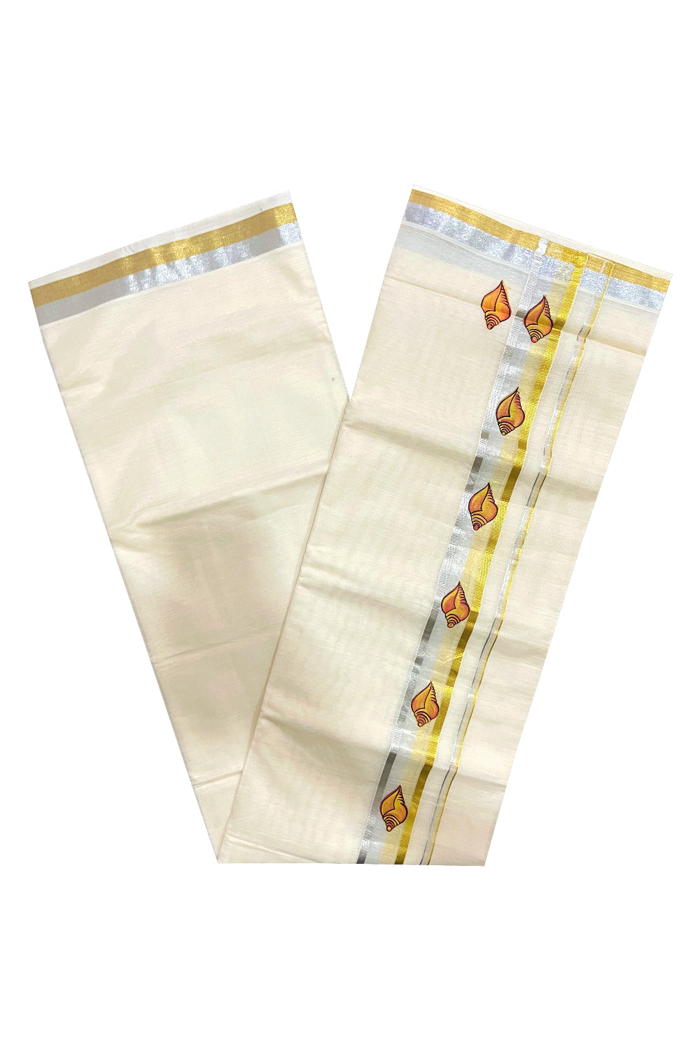 Off White Pure Cotton Double Mundu with Shell Mural Painted Design on Silver and Golden Kasavu Kara (South Indian Dhoti)