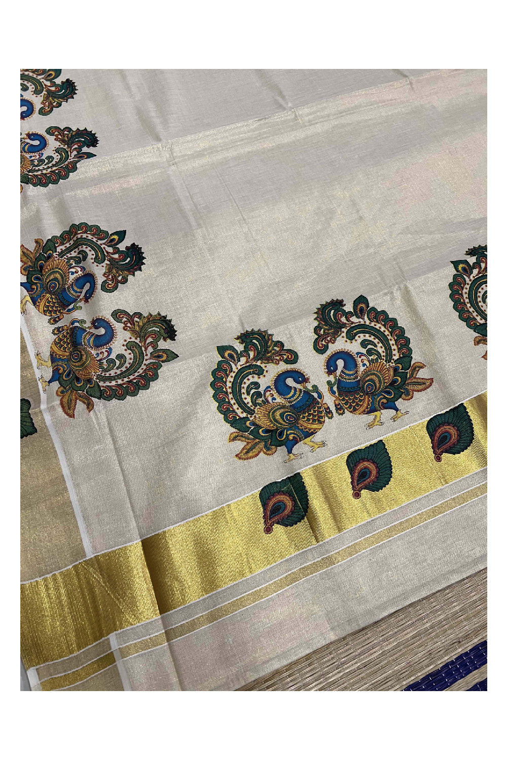 Kerala Tissue Kasavu Saree With Mural Peacock Art Design on Pallu and Border