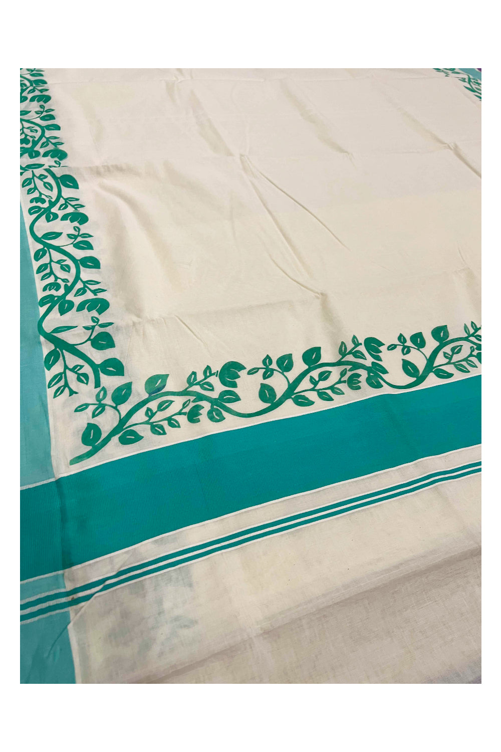 Southloom Original Design Kerala Saree with Turquoise Floral Vines Block Print