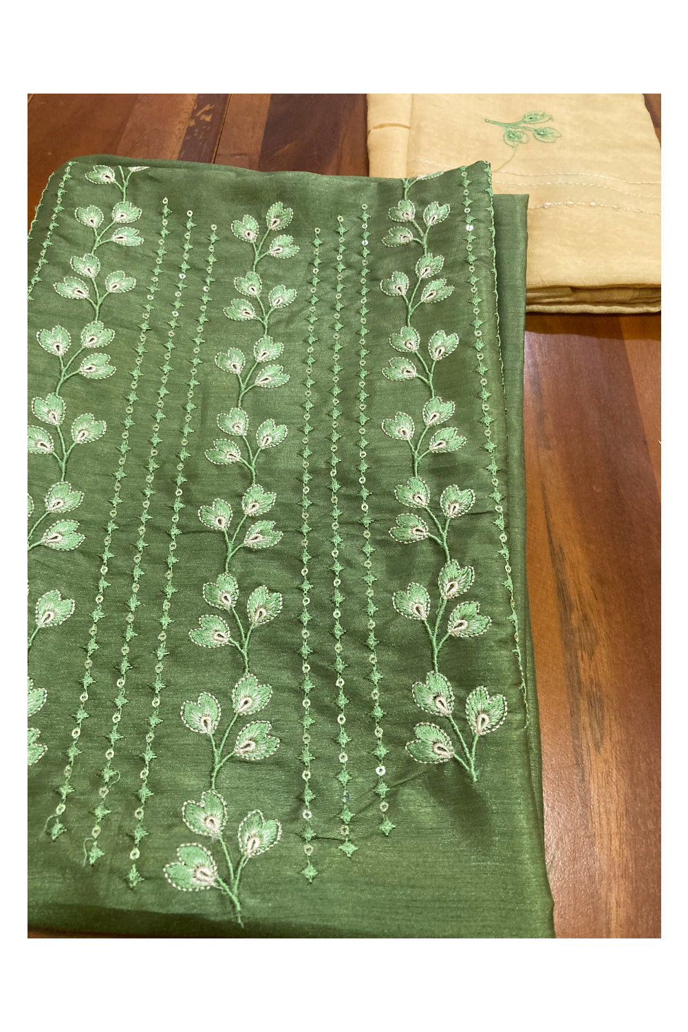 Southloom™ Semi Tussar Churidar Salwar Suit Material in Green Embroidery Design