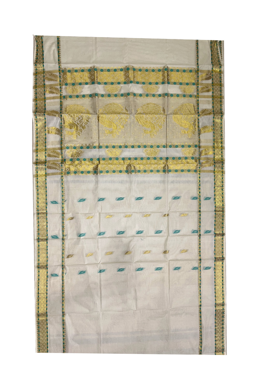 Pure Cotton Kerala Saree with Kasavu and Turquoise Heavy Woven Works