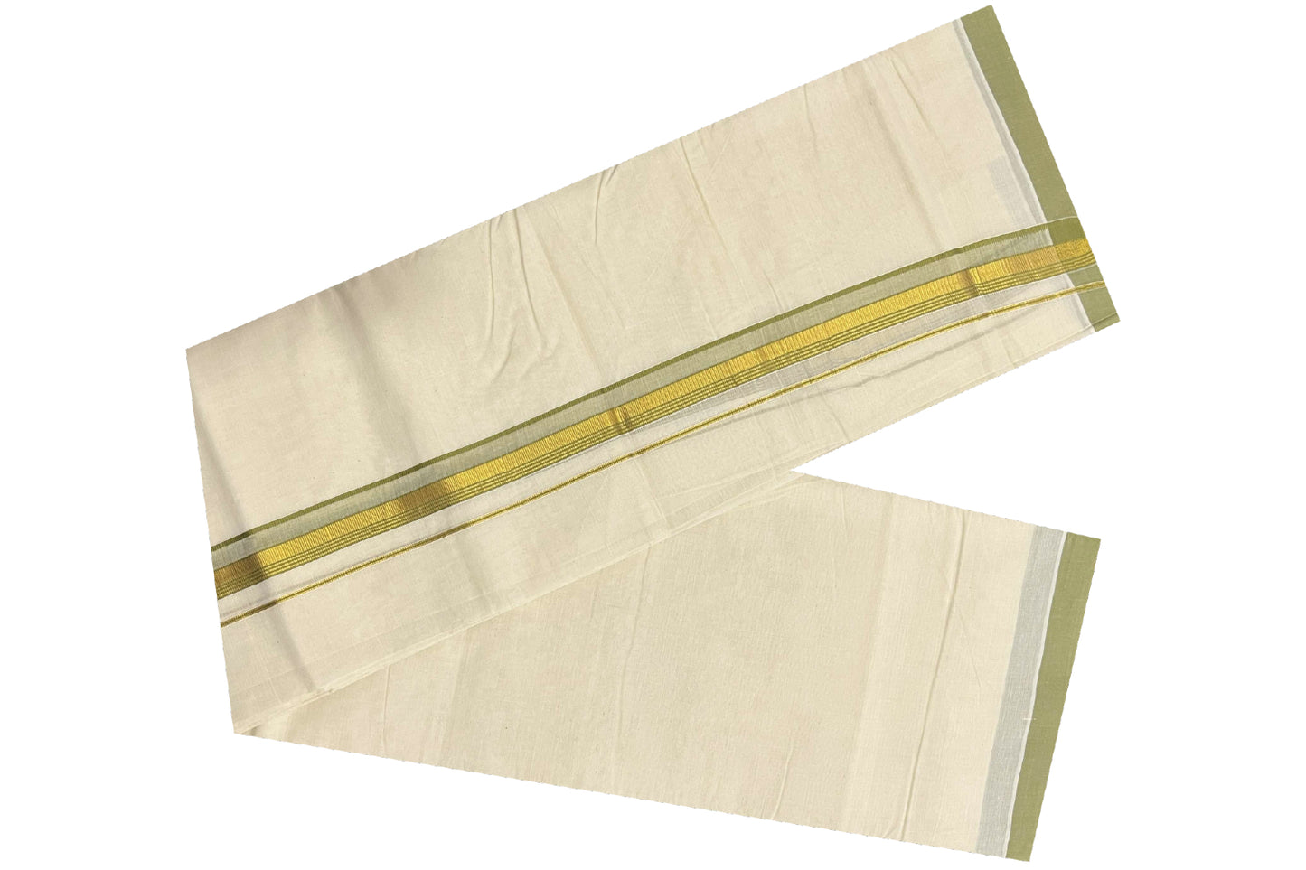 Off White Pure Cotton Double Mundu with Kasavu and Olive Green Kara (South Indian Dhoti)