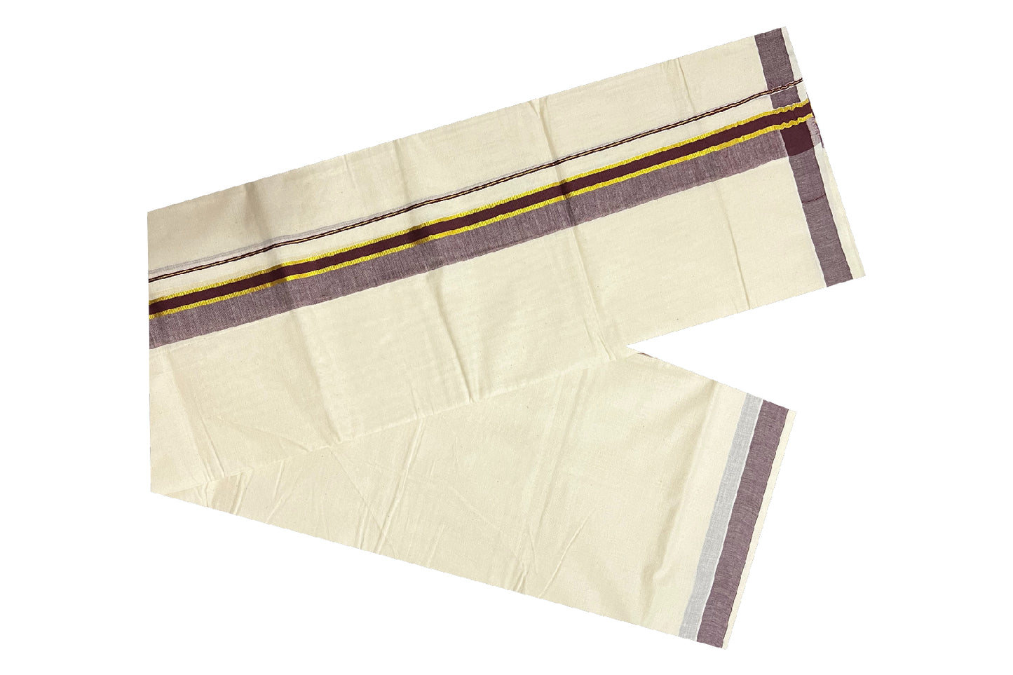 Off White Pure Cotton Double Mundu with Kasavu and Brown Kara (South Indian Dhoti)