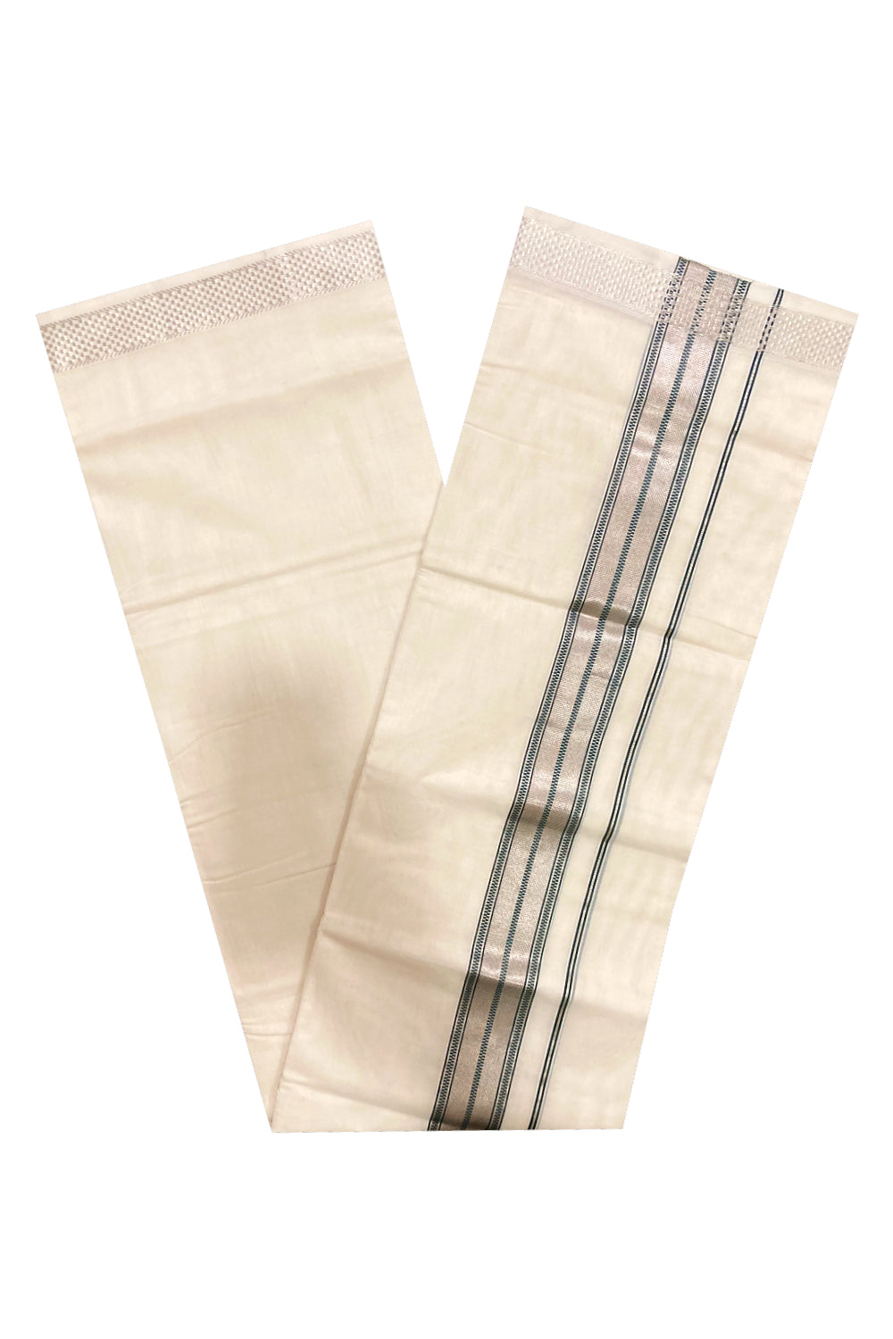 Southloom Premium Handloom Pure Cotton Mundu with Green and Silver Kasavu Border (South Indian Dhoti)