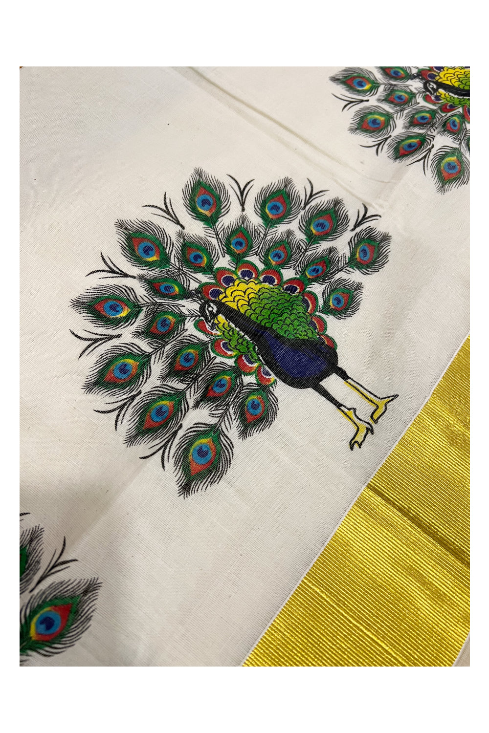 Pure Cotton Kasavu Set Mundu (Mundum Neriyathum) with Peacock Mural Prints on Border 2.80 Mtrs