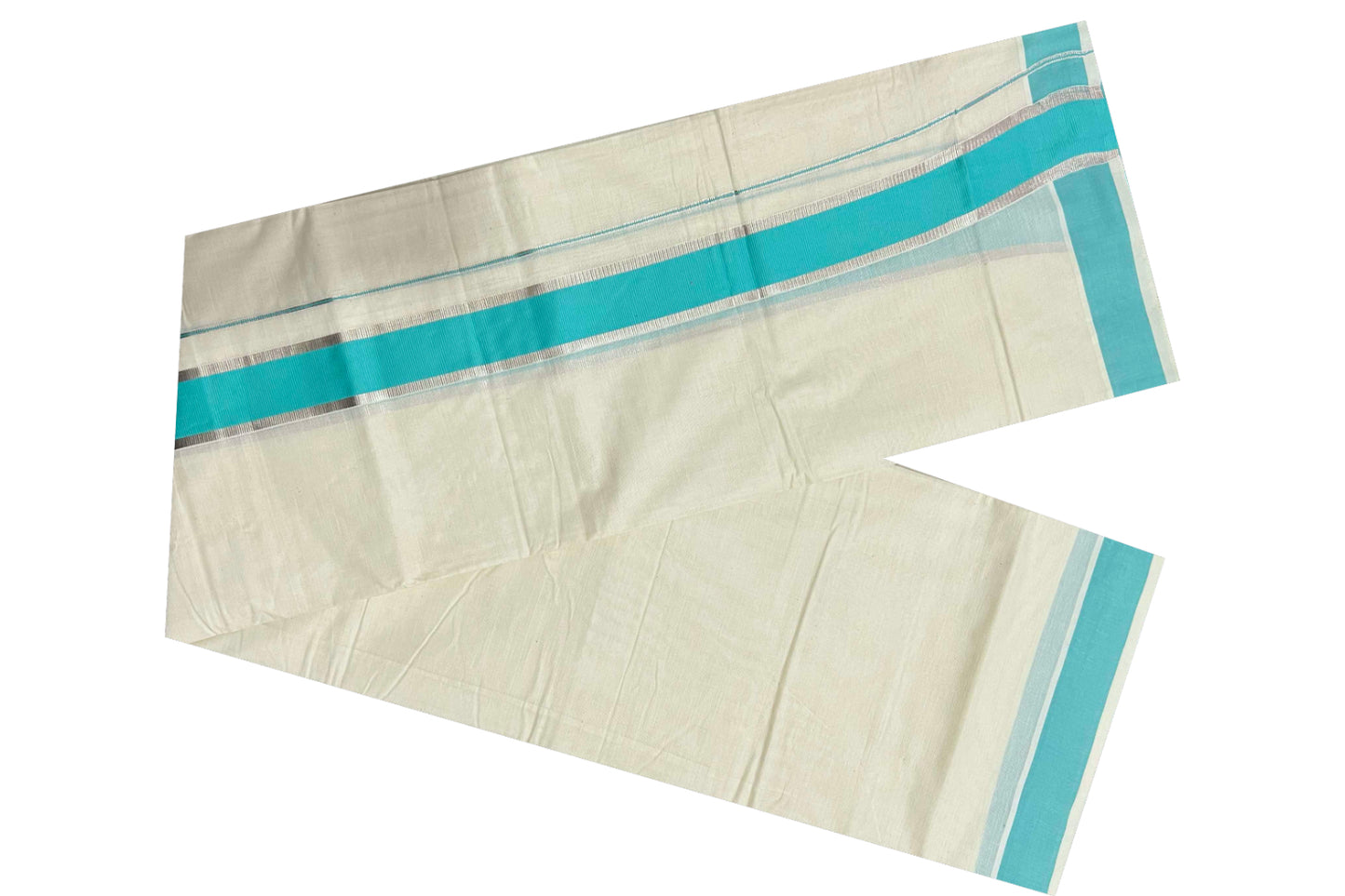 Off White Kerala Double Mundu with Silver Kasavu and Turquoise Border (South Indian Dhoti)