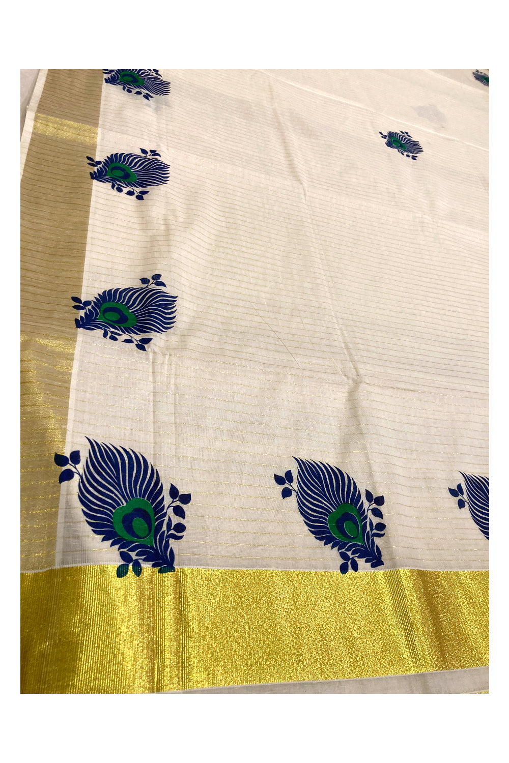 Pure Cotton Kerala Kasavu Lines Saree with Dark Blue and Green Block Prints on Border