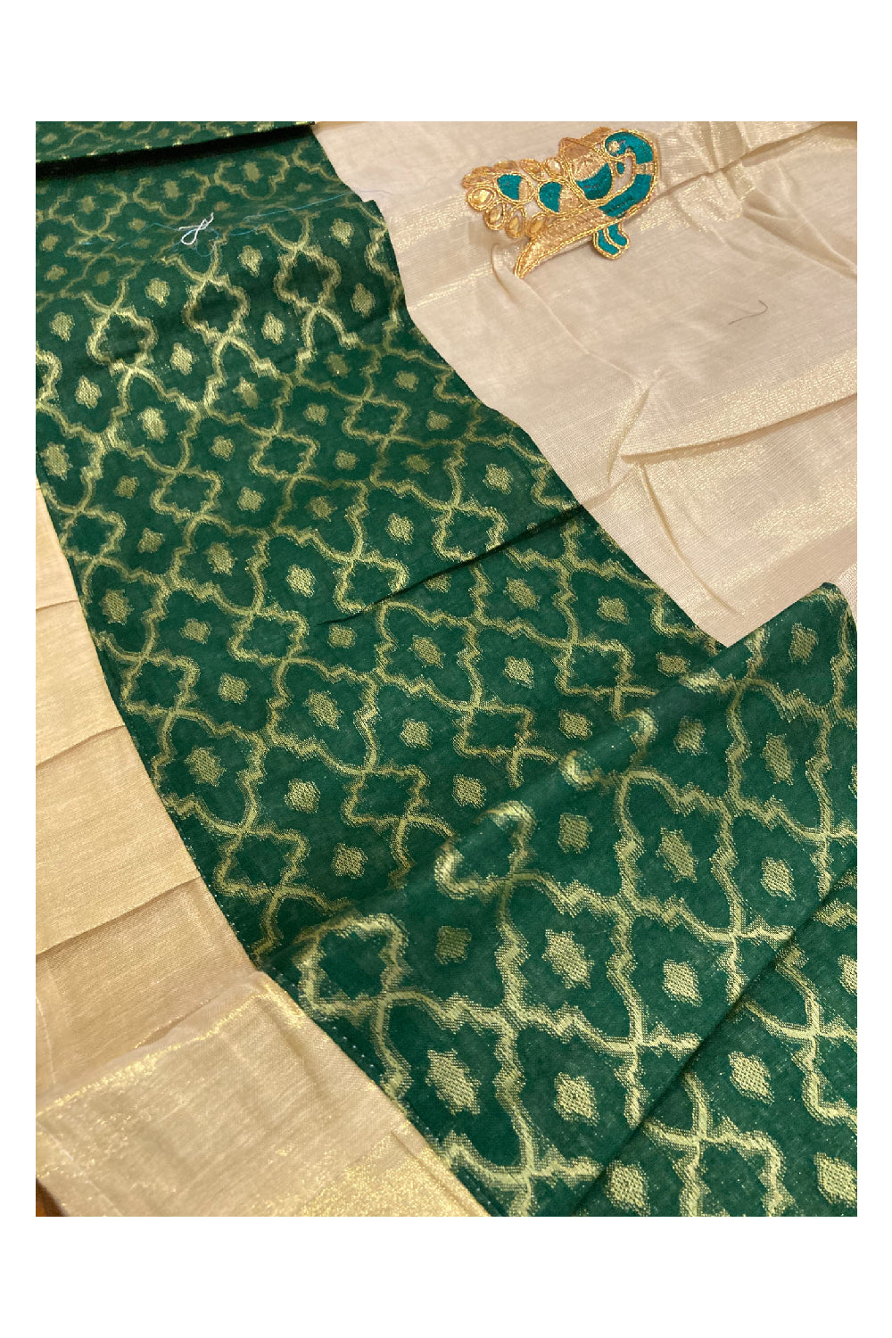 Kerala Tissue Stitched Dhavani Set with Blouse Piece and Neriyathu in with Dark Green Accents