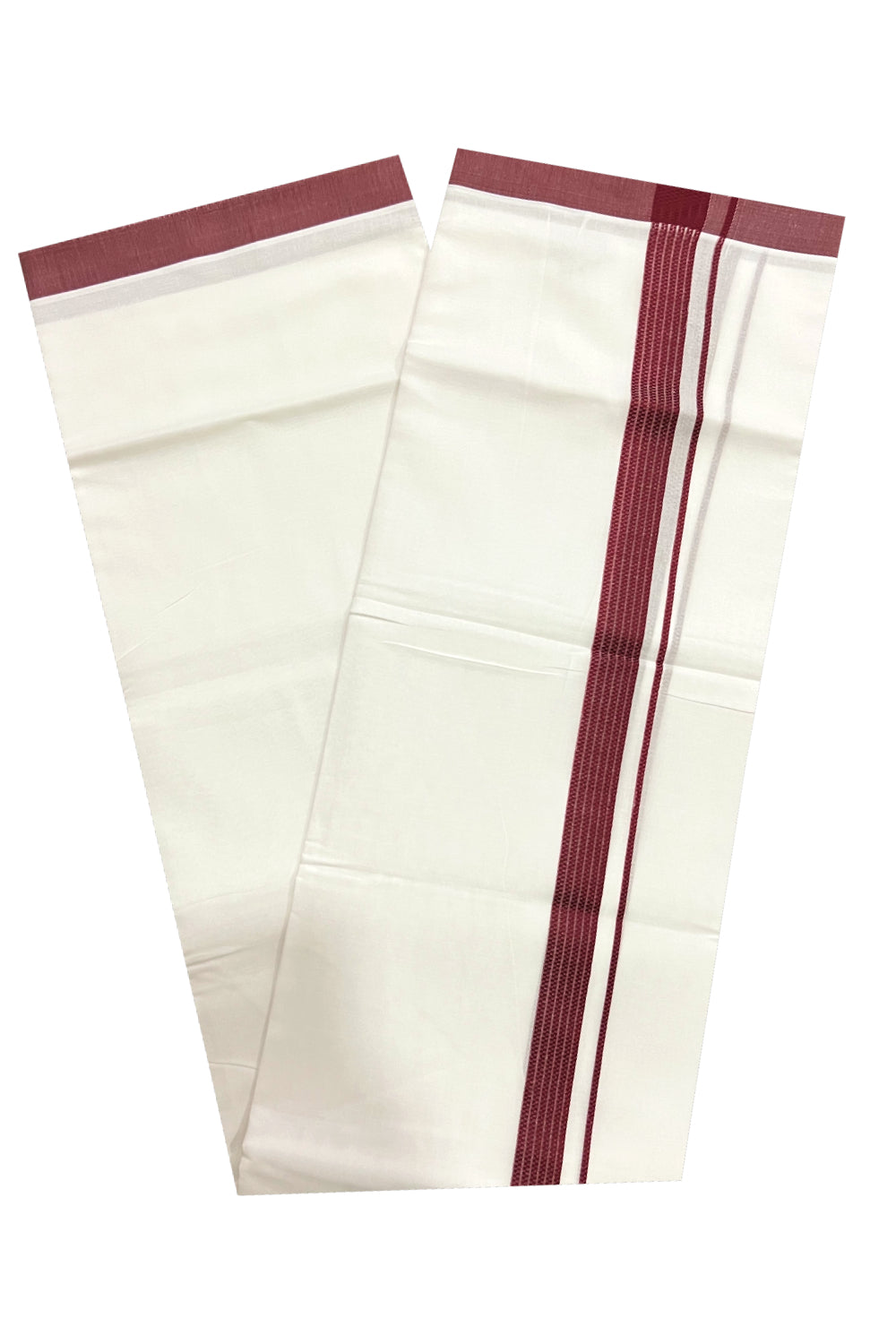 Pure White Cotton Double Mundu with Lines on Dark Maroon Border (South Indian Dhoti)