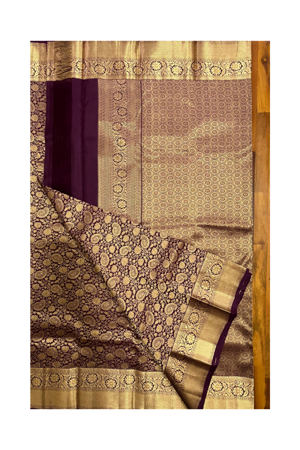 Southloom Double Warp Handloom Pure Silk Kanchipuram Purple Manthrakodi Saree with Kasavu Woven Works