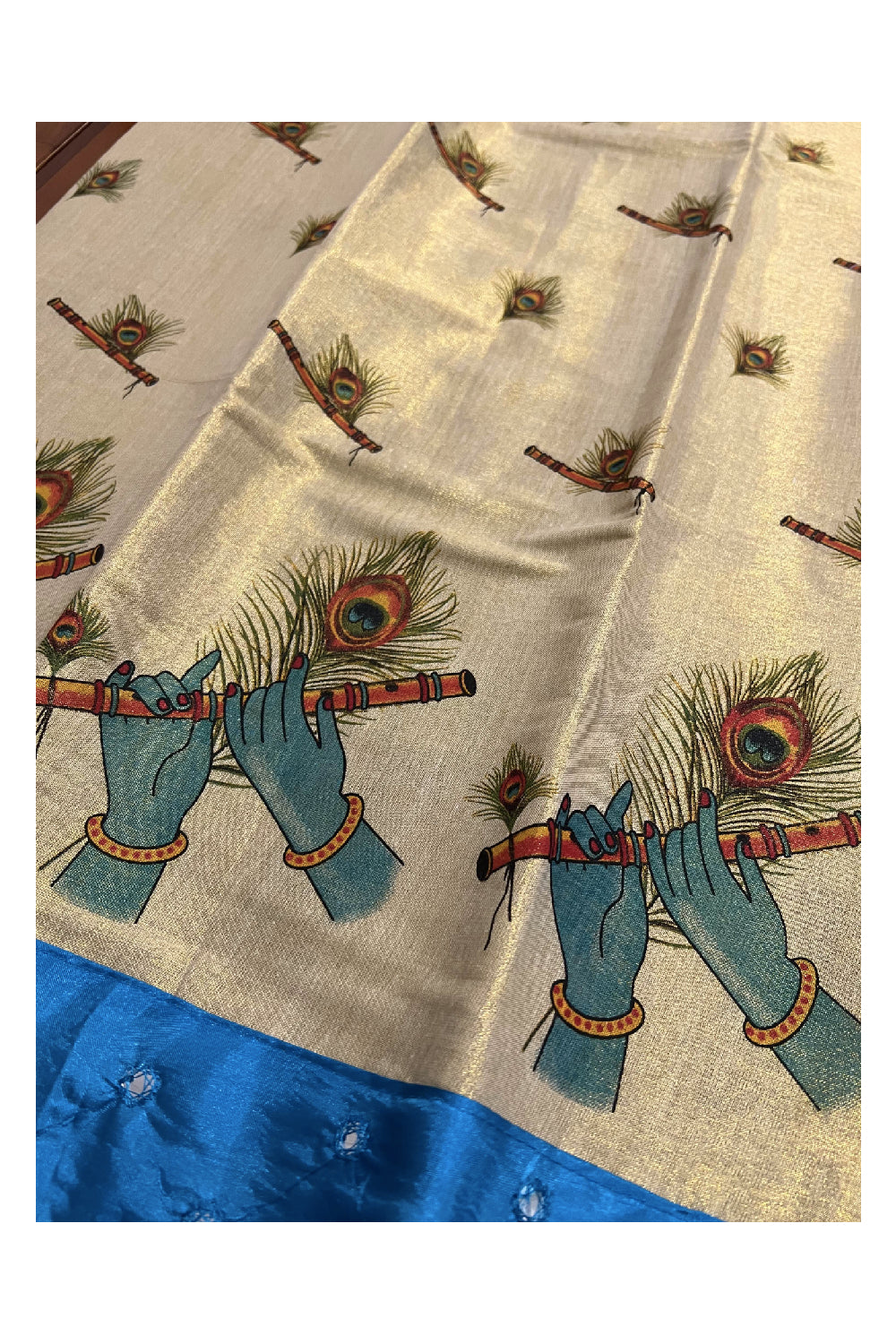 Kerala Tissue Mural Printed Pavada and LIght Blue Blouse Material for Kids/Girls 4.3 Meters