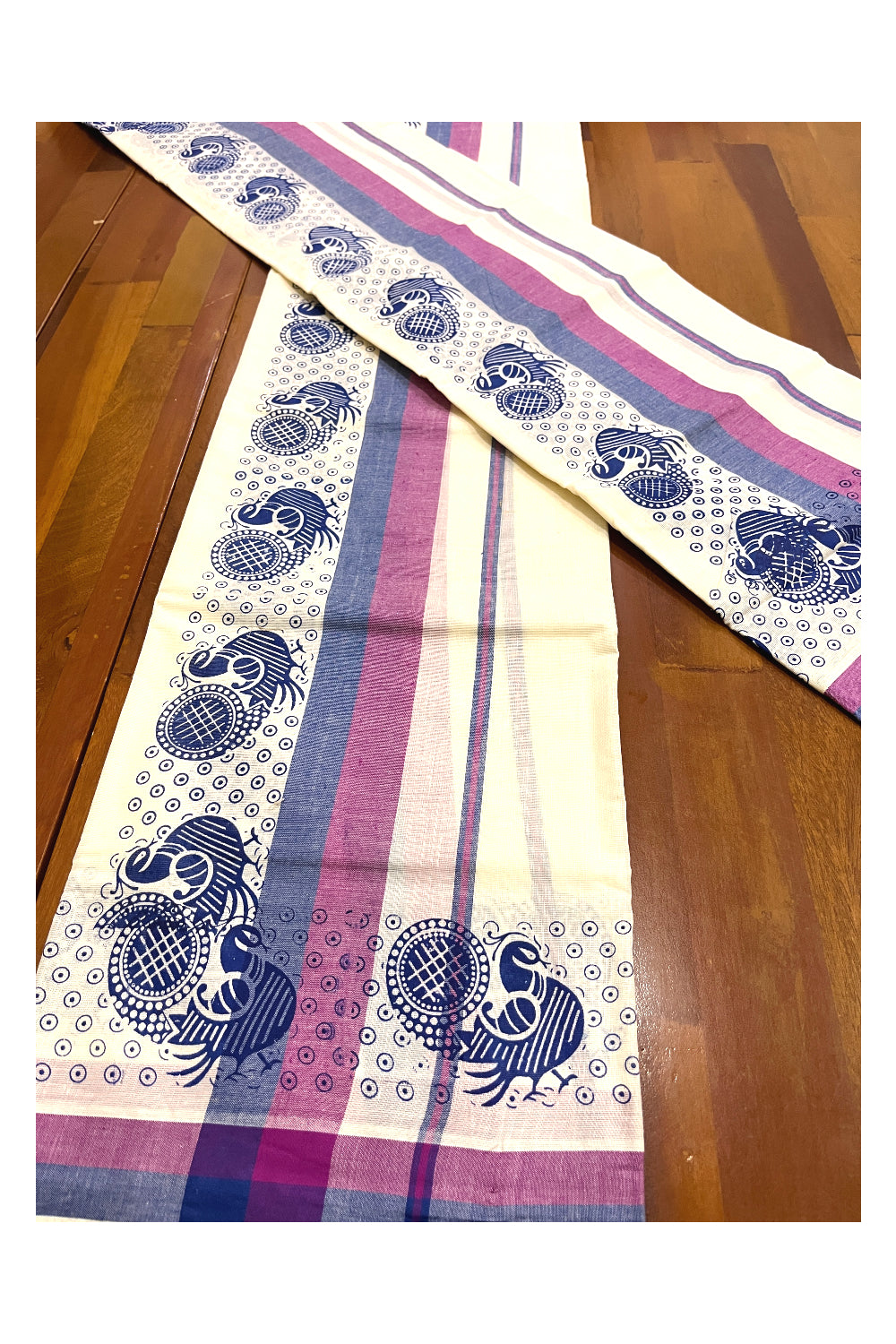 Kerala Cotton Mulloth Mundum Neriyathum Single (Set Mundu) with Blue Block Printed Border (Extra Soft Cotton)