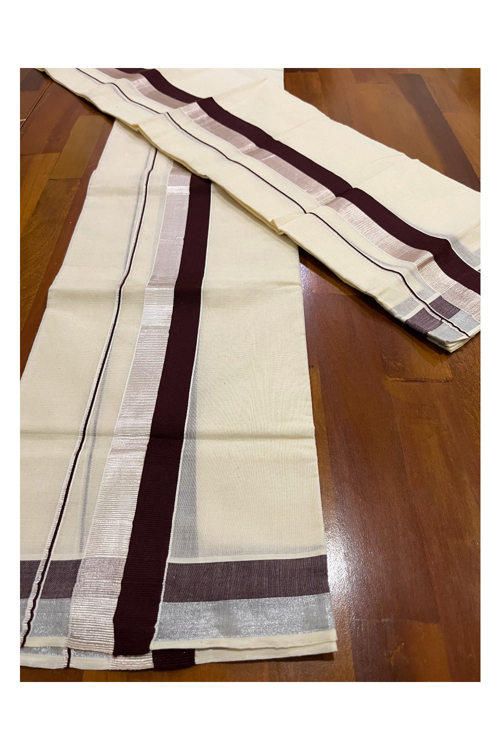 Pure Cotton Kerala Single Set Mundu (Mundum Neriyathum) with Dark Brown and Silver Kasavu Border 2.80 Mtrs