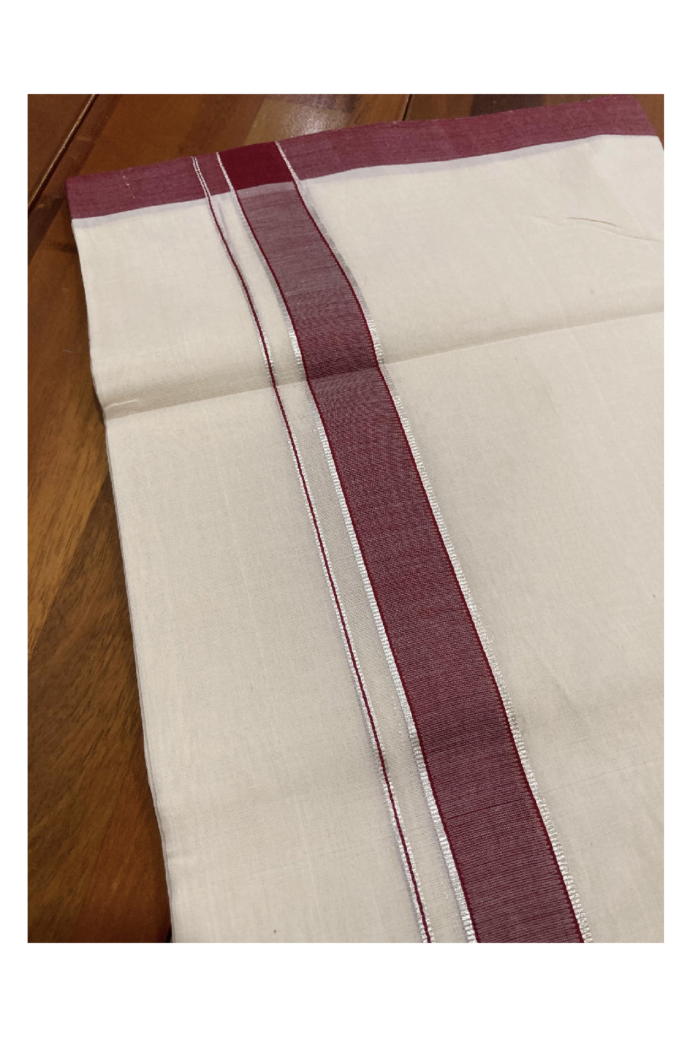 Southloom Balaramapuram Unakkupaavu Premium Handloom Mundu with Maroon and Silver Kasavu Border