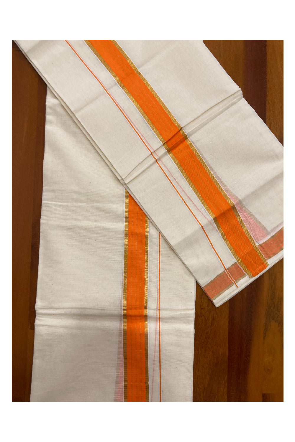 Kerala Cotton Mundum Neriyathum Double (Set Mundu) with Orange and Kasavu Border