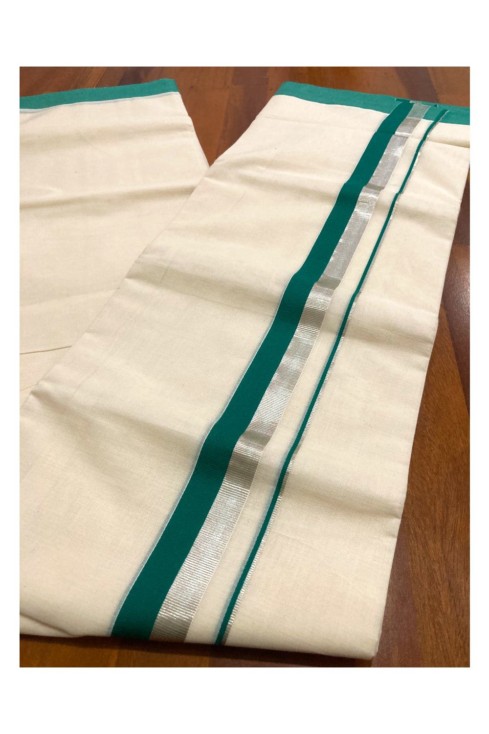 Pure Cotton Double Mundu with Green and Silver Kasavu Border (South Indian Dhoti)