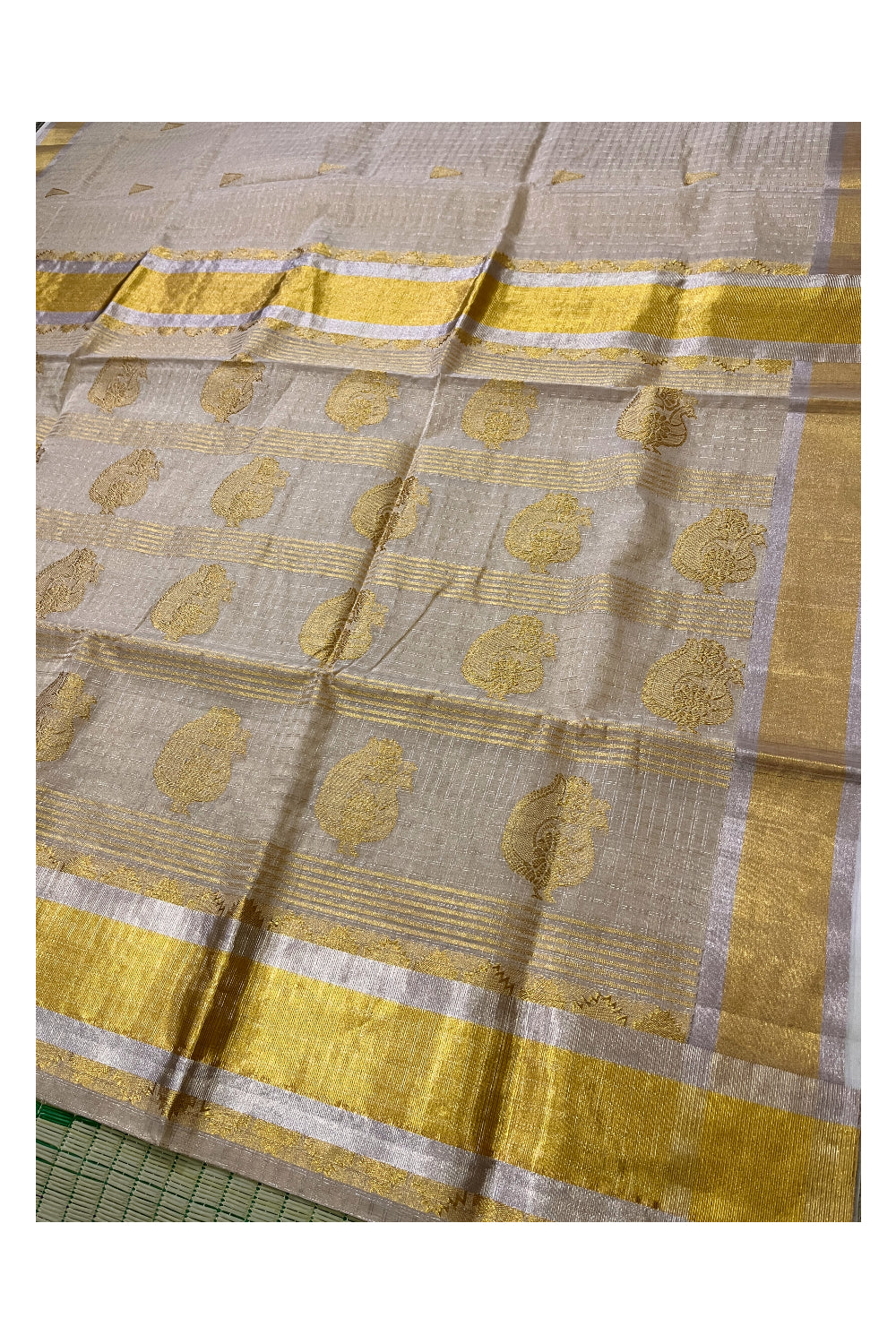 Southloom Premium Handloom Tissue Kasavu Saree with Silver Check Designs Across Body and Heavy Woven Works