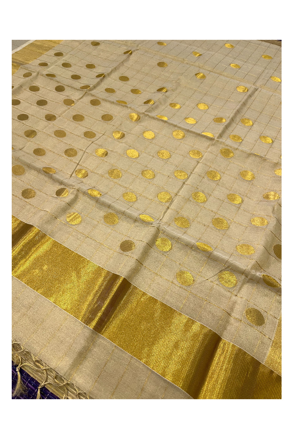 Southloom Premium Kuthampully Handloom Tissue Check Design Polka Work Saree