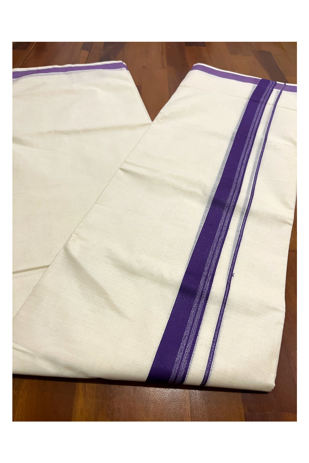 Pure Cotton Double Mundu with Violet Kara (South Indian Kerala Dhoti)