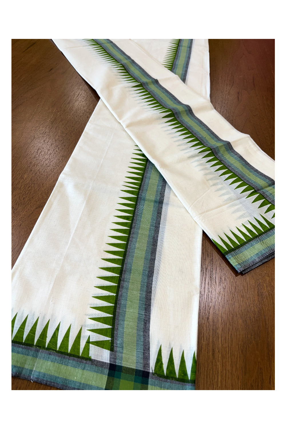 Kerala Cotton Mulloth Mundum Neriyathum Single (Set Mundu) with Green Temple Block Prints on Border (Extra Soft Cotton)