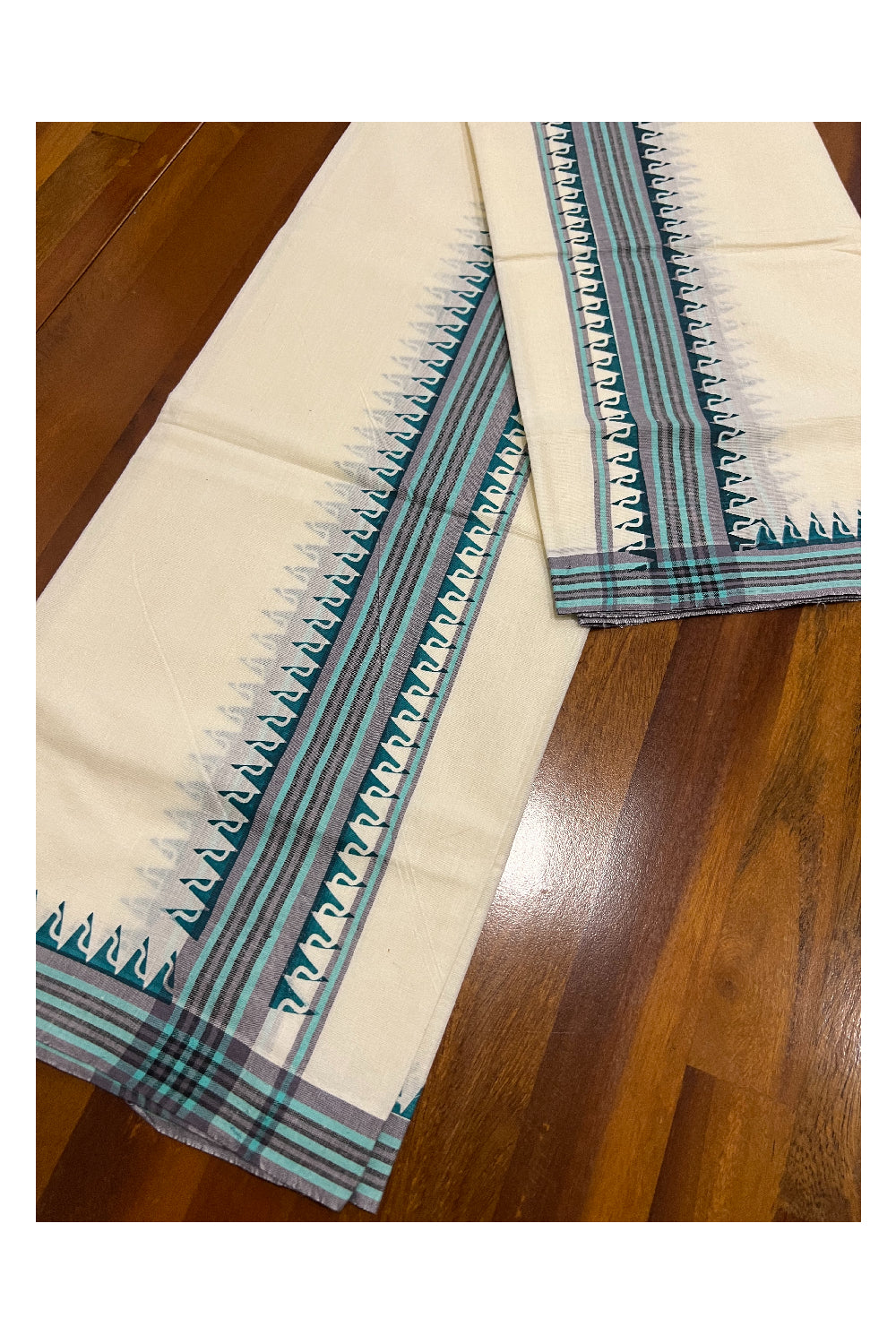 Kerala Cotton Mulloth Mundum Neriyathum Single (Set Mundu) with Green Temple Block Prints on Border (Extra Soft Cotton)