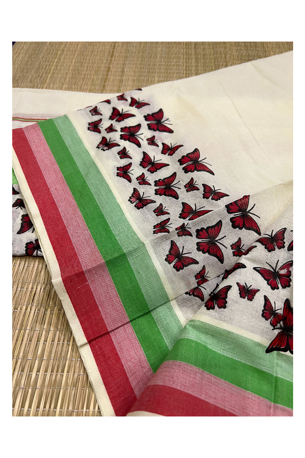 Kerala Cotton Set Mundu (Mundum Neriyathum) with Light Green Red Butterfly Block Prints on Border