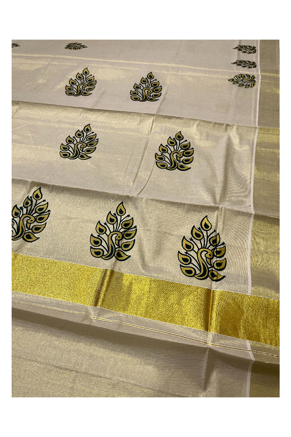 Kerala Tissue Kasavu Saree with Green and Golden Block Printed Design