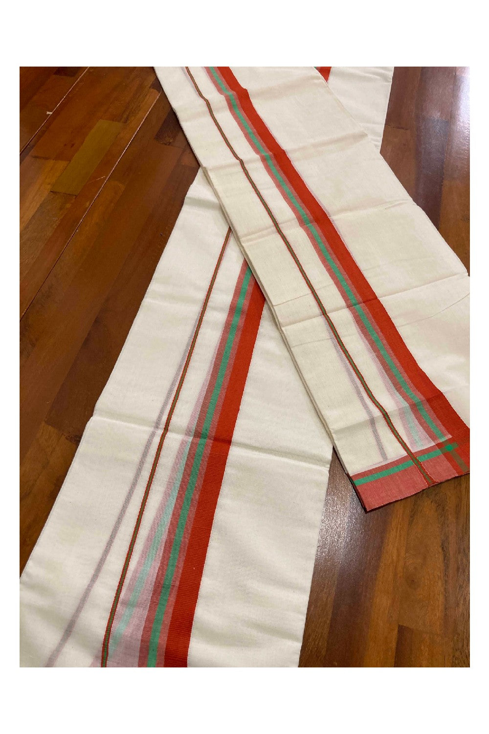 Kerala Cotton Mundum Neriyathum Single (Set Mundu) with Dark Orange Border