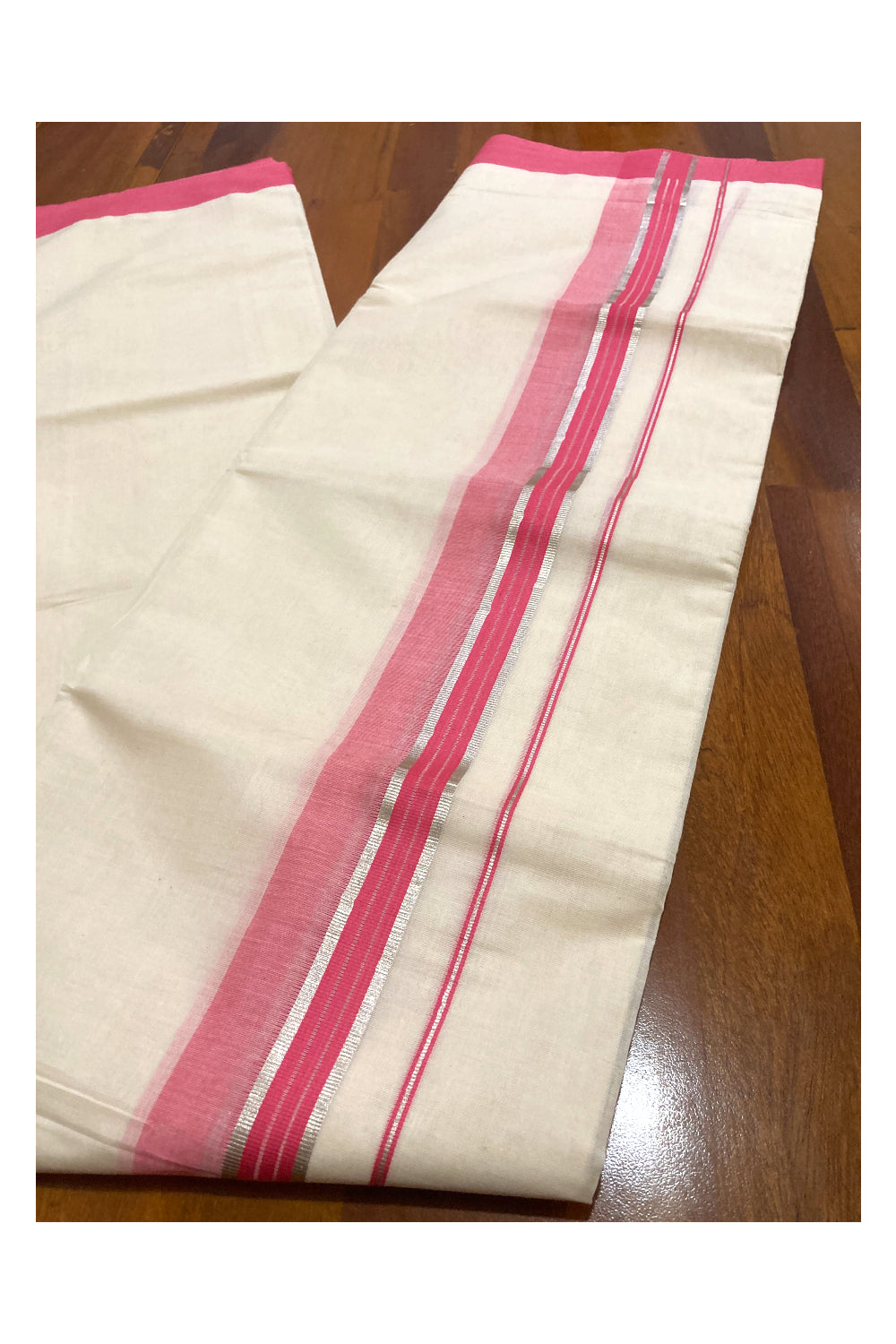 Off White Kerala Double Mundu with Silver Kasavu and Pink Border (South Indian Kerala Dhoti)