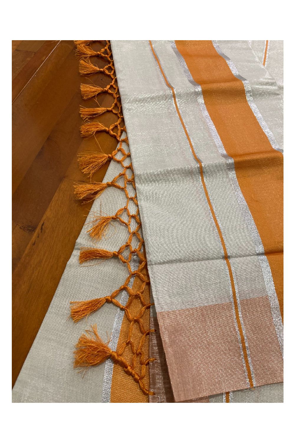 Single Silver Tissue Kasavu Set Mundu with Orange Kara (Mundum Neriyathum)