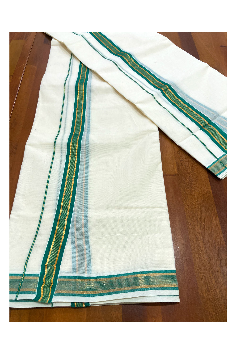 Mundum Neriyathum Double (Set Mundu) with Green and Kasavu Border