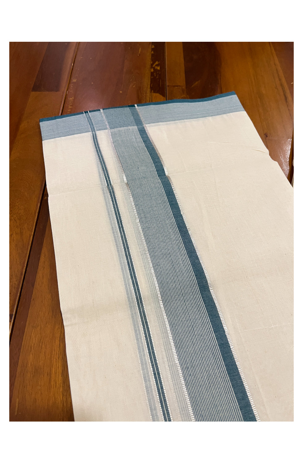 Pure Cotton Off White 100x100 Double Mundu with Silver Kasavu and Green Lines Border (South Indian Dhoti)