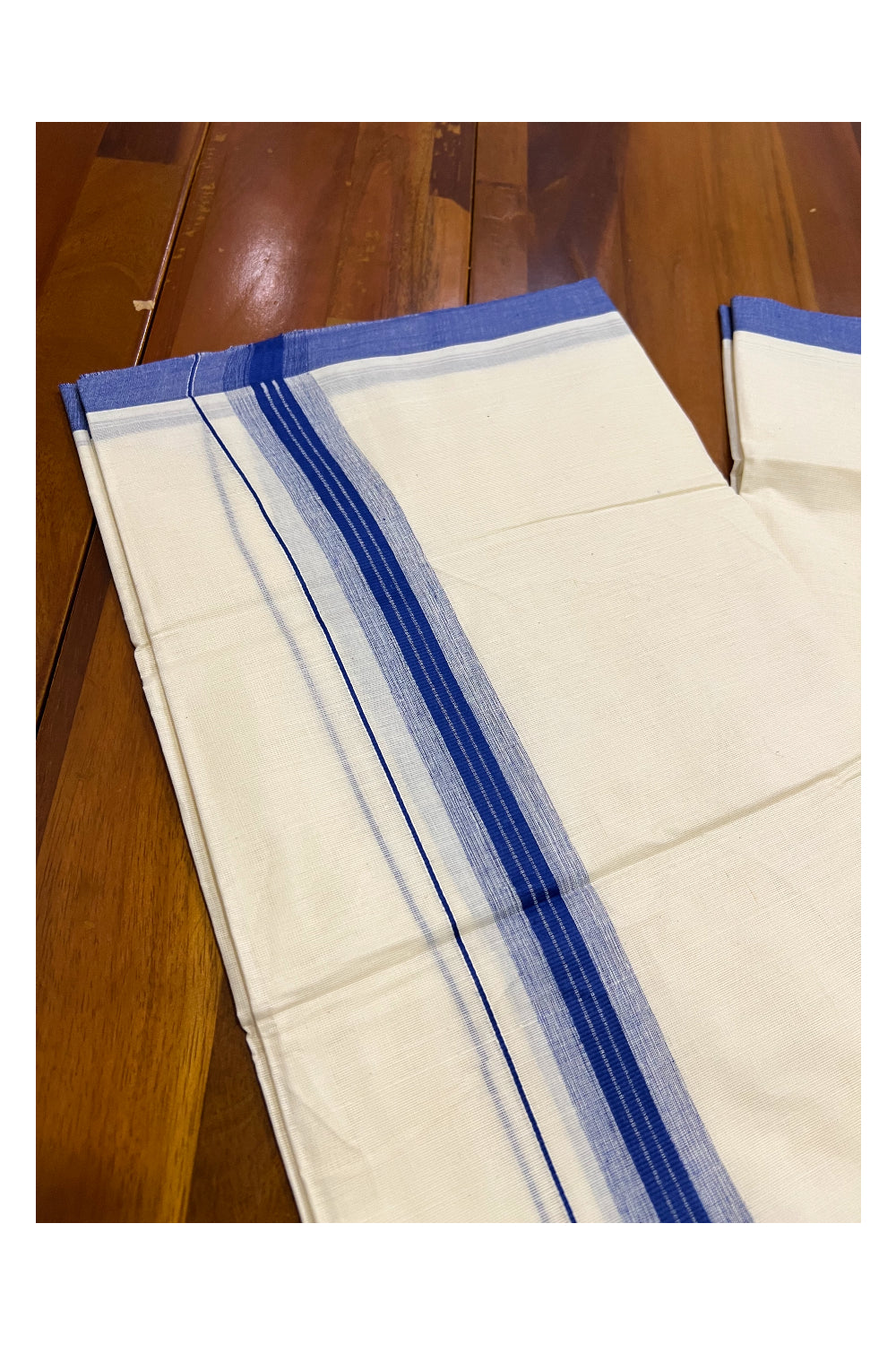 Pure Cotton Off White Double Mundu with Blue Border (South Indian Dhoti)