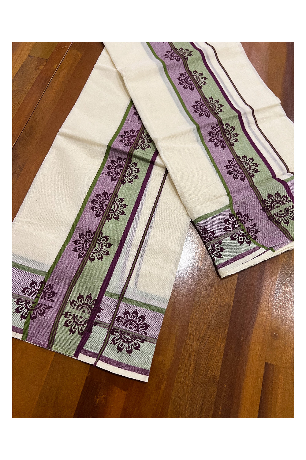 Kerala Cotton Set Mundu (Mundum Neriyathum) with Floral Block Prints on Green and Purple Border