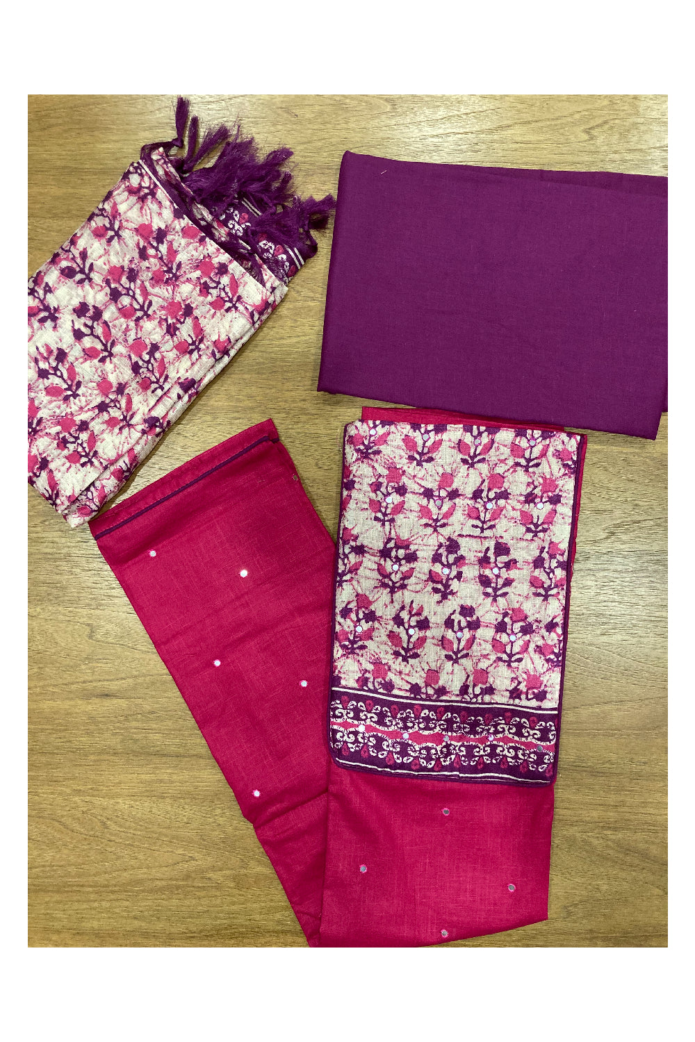 Southloom™ Cotton Churidar Salwar Suit Material in Magenta and Printed Mirror Work on Yoke Portion