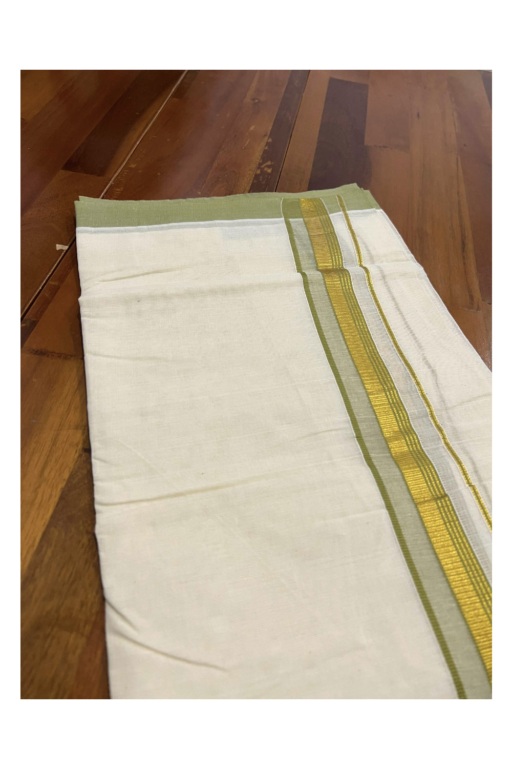 Off White Pure Cotton Double Mundu with Kasavu and Olive Green Kara (South Indian Dhoti)