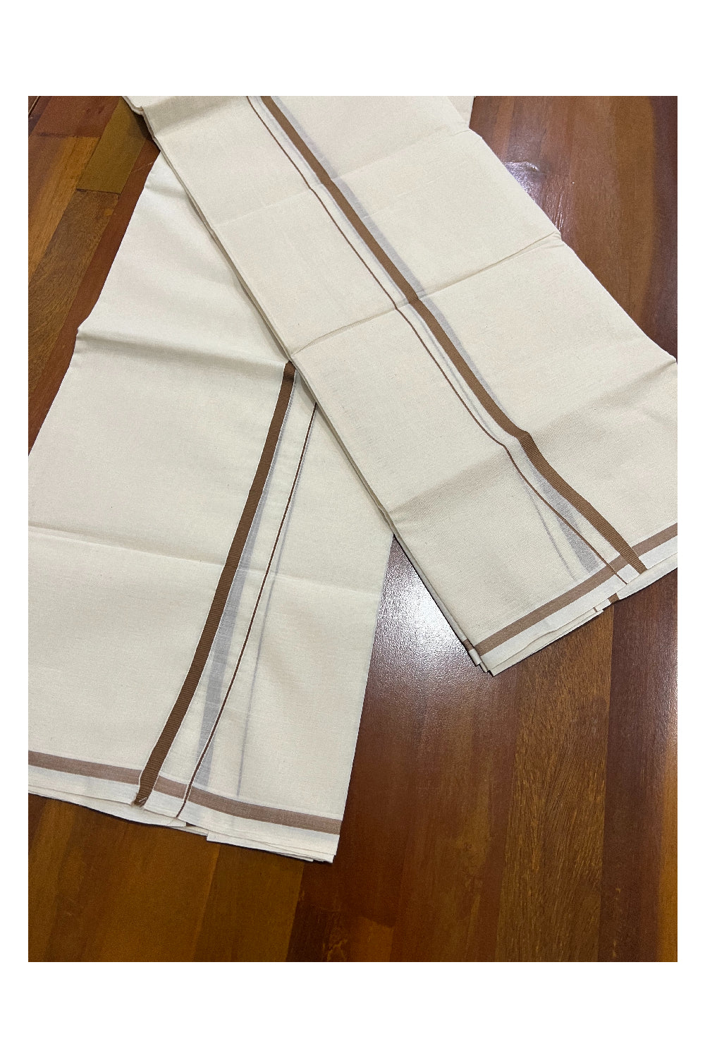 Kerala Cotton Set Mundu (Mundum Neriyathum) with 0.5 inch Brown Border