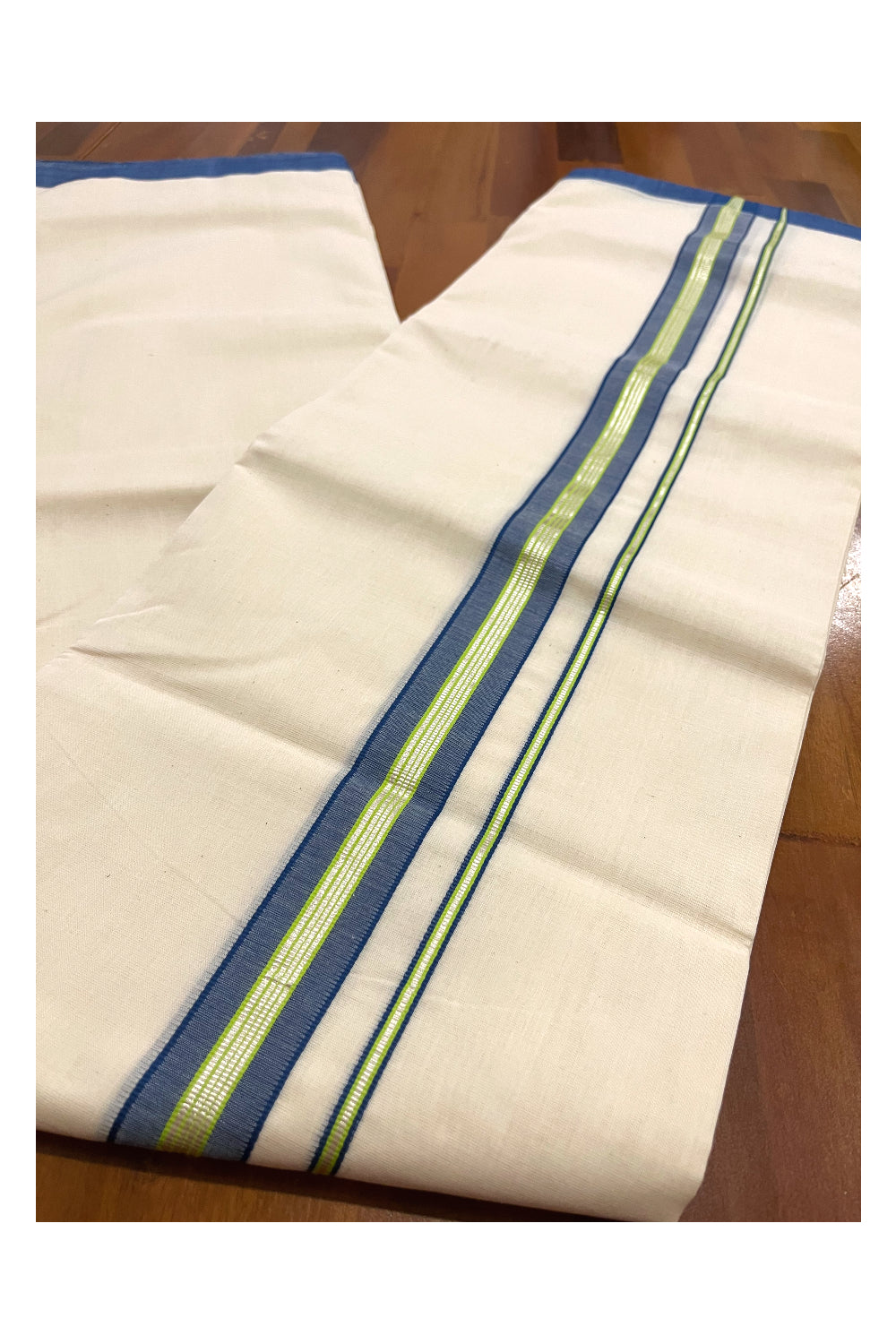 Southloom Premium Handloom Double Mundu with Blue and Silver Kasavu Border