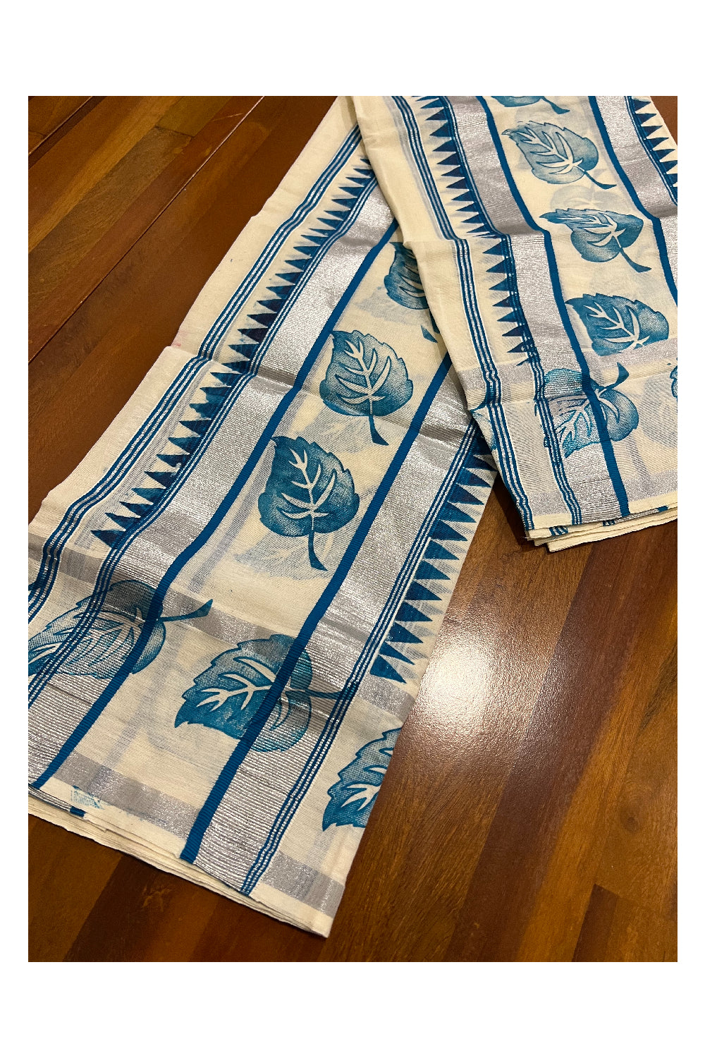 Kerala Cotton Silver Kasavu Set Mundu (Mundum Neriyathum) with Blue Leaf Block Print Heavy Border