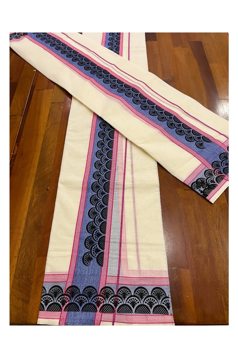 Pure Cotton Single Set Mundu (Mundum Neriyathum Vishu 2023) with Black Block Prints on Blue Pink Border