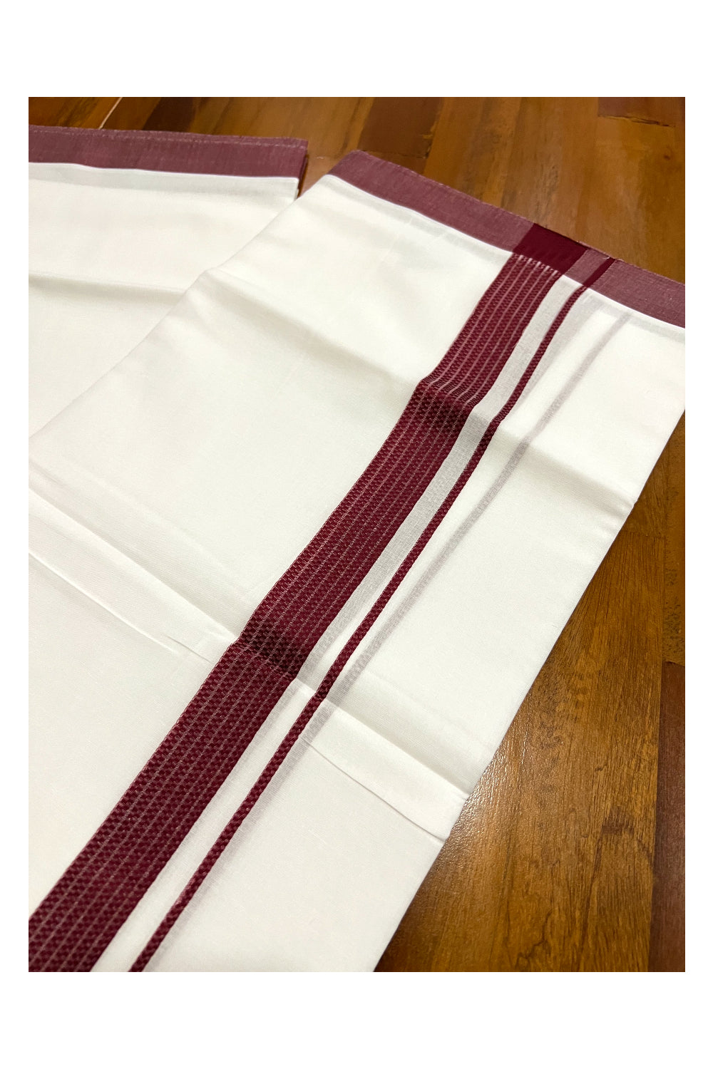 Pure White Cotton Double Mundu with Lines on Dark Maroon Border (South Indian Dhoti)